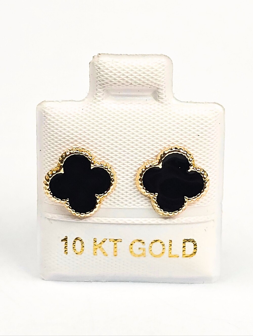Van Clover 4-Leaf Black Enamel Stud Earrings Inspired 10K Solid Gold 9.5mm
